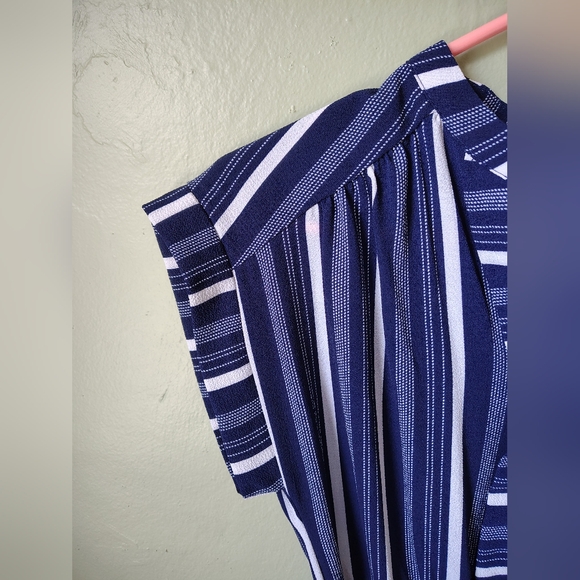 *NWOT* Monteau LA Women's Medium Blue & Black Striped Midi Dress Tie Waist - Picture 12 of 16